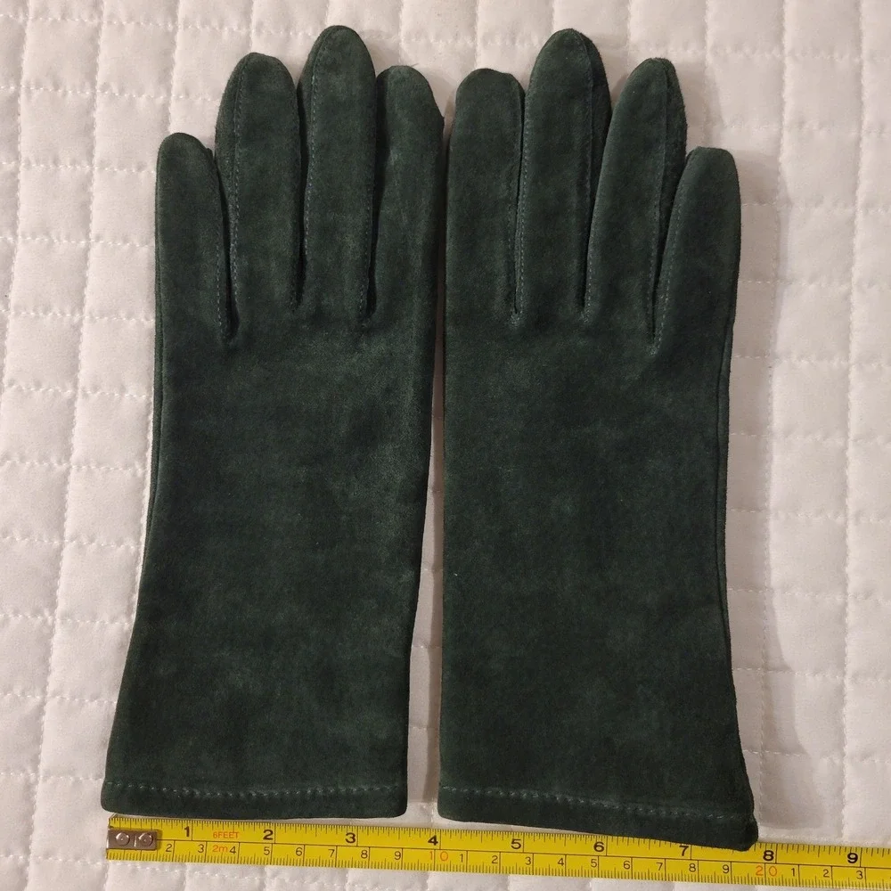 LL Bean Thinsulate Women M Winter Gloves Hunter Green Suede Nylon Cabincore Cozy